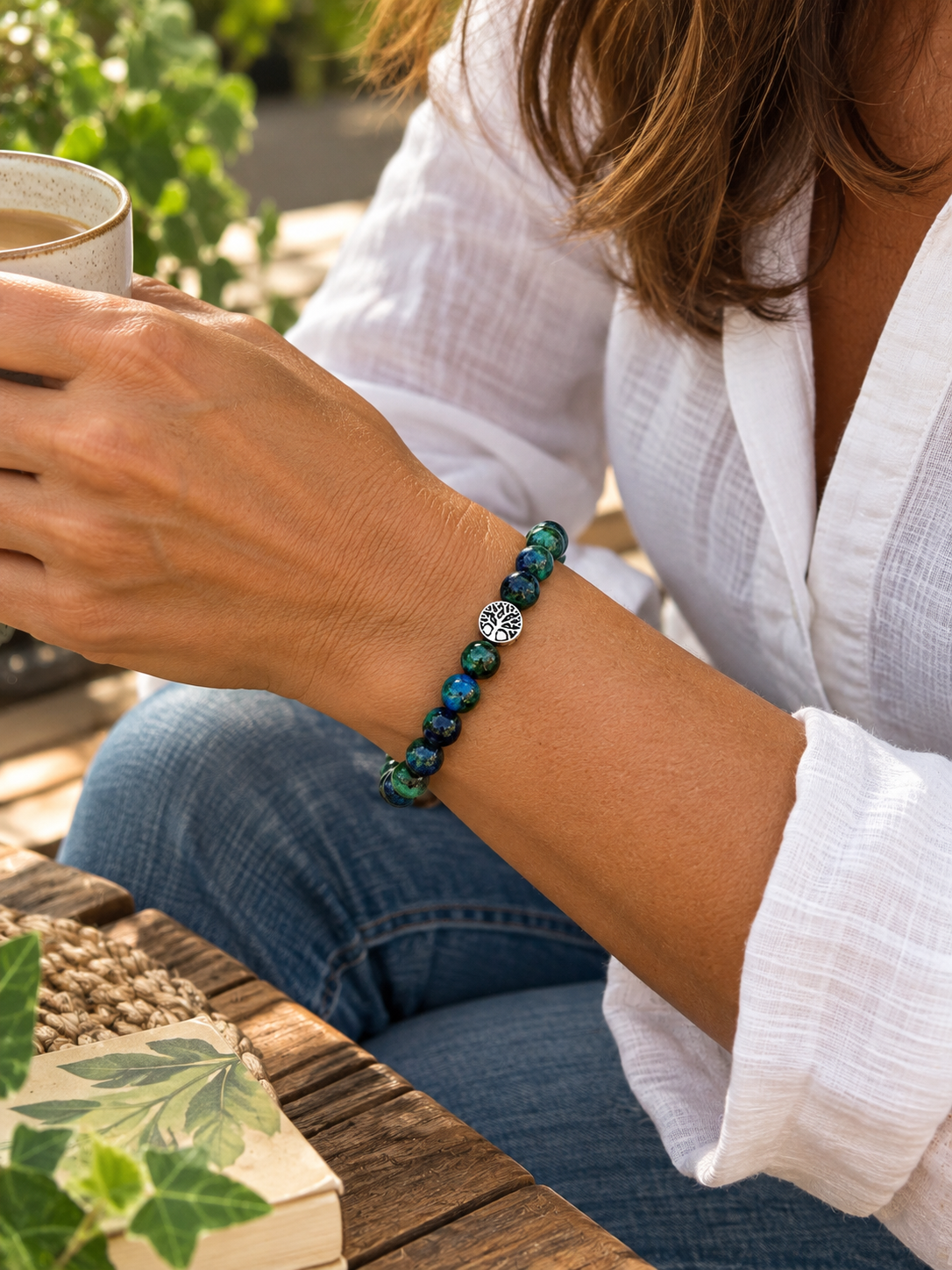 Bracelet en Agate mousse et perle abre de vie