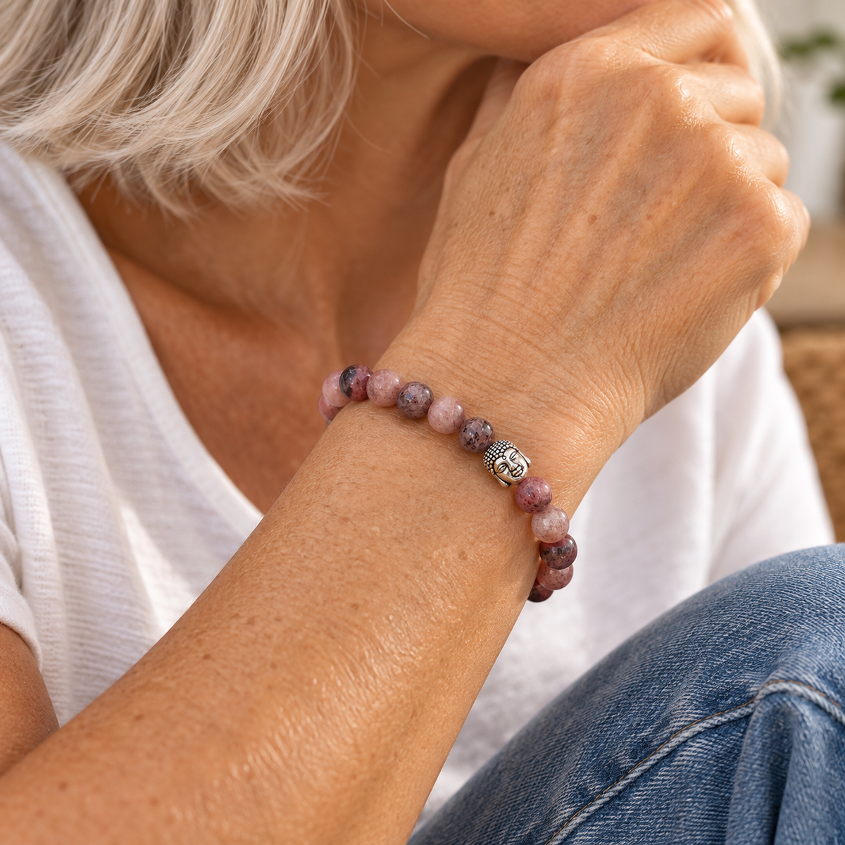 Bracelet en Quartz fraise et perle bouddha