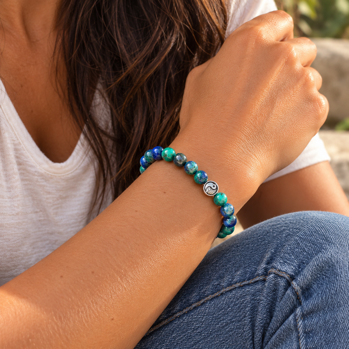 Bracelet en Chrysocolle et perle argentée