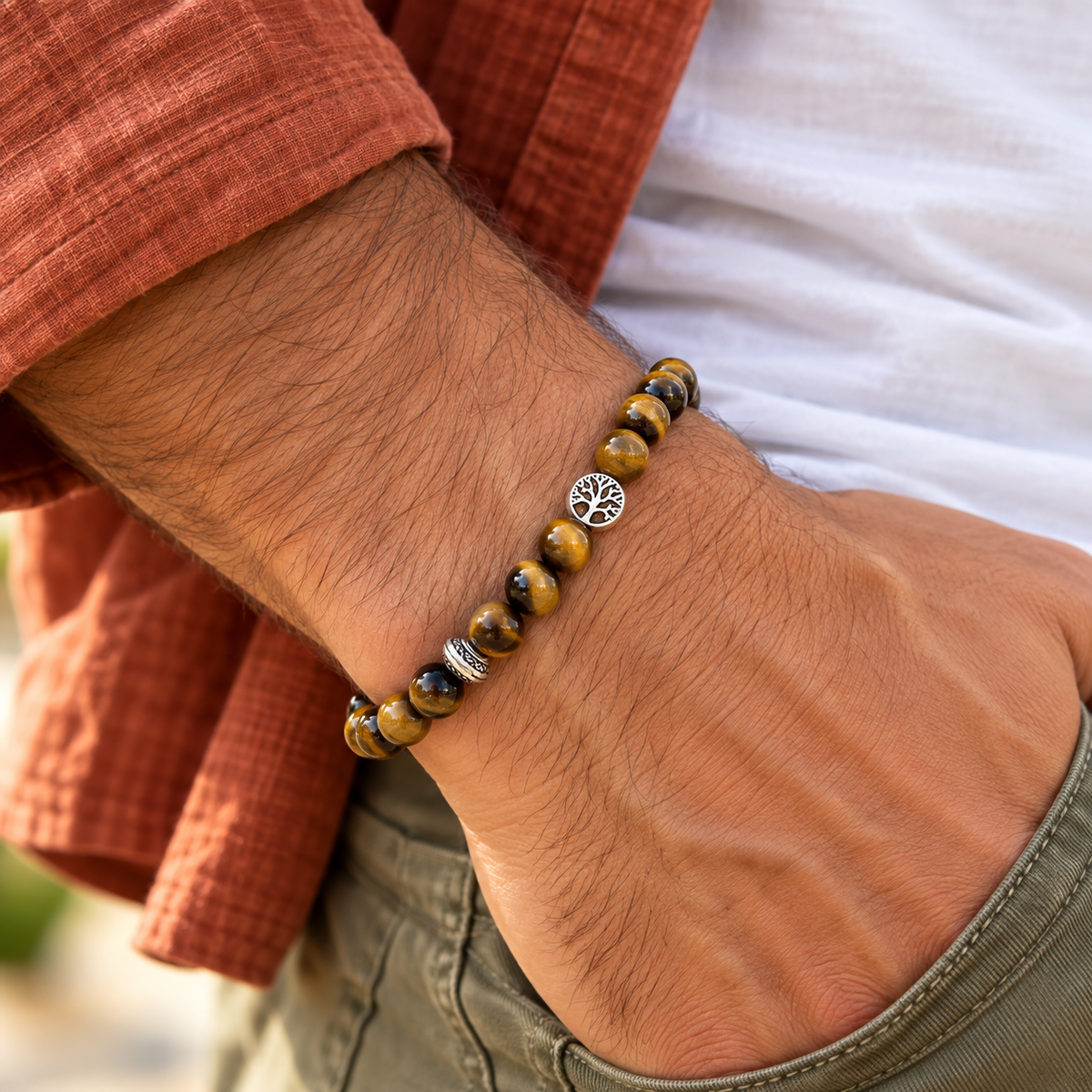 Bracelet en œil de tigre naturel et perle arbre de vie