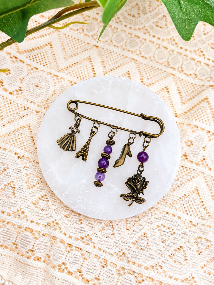 broche vintage paris tour eiffel améthyste ceriz sur le gato