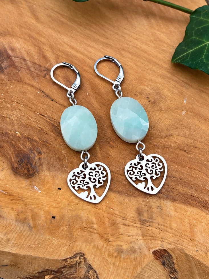 Boucles d'oreille amazonite arbre de vie pierres naturelles ceriz sur le gato