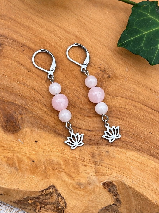 boucles d'oreilles quartz rose pierres naturelles lotus ceriz sur le gato