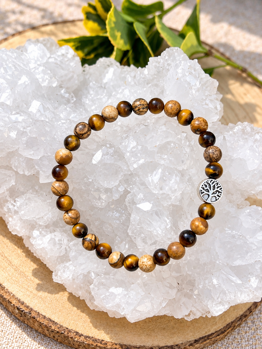 Bracelet en œil de tigre naturel et jaspe paysage et perle arbre de vie