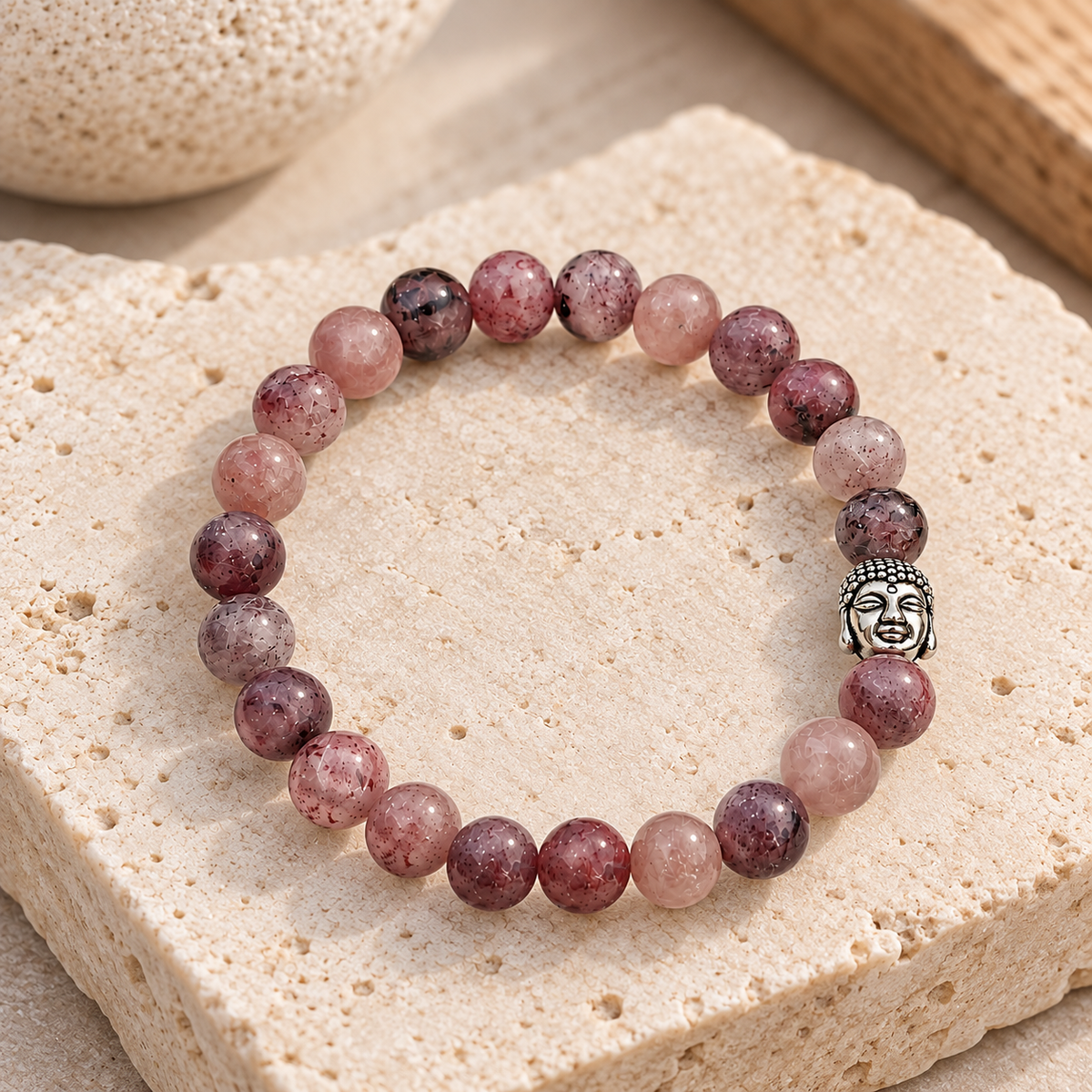 Bracelet en Quartz fraise et perle bouddha
